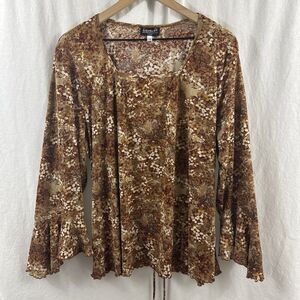 BIYAYCDA Y2K Brown Floral Tie Back Flare Sleeve Boho Top Womens Sz 3X Forest